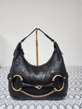 Authentic Gucci Leather Heritage Horsebit Hobo Bag Black